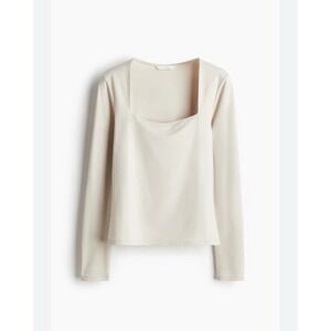 HM Women Ivory Cream Square Neck Long Sleeve Top‎ XXL Minimalist Neutral Fitted
